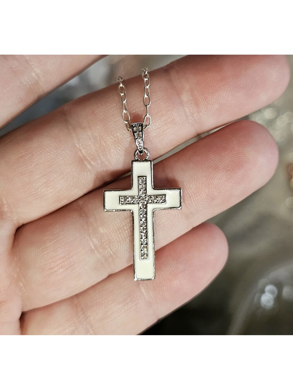 Elegant White Enamel Pave CZ Cross Pendant Necklace Silver Tone